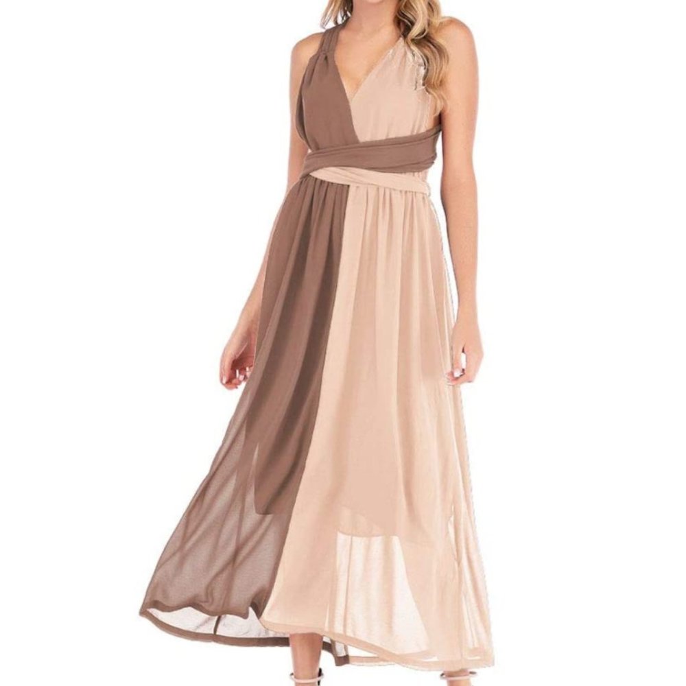 NWOT Blush/Tan Wrap Open Back Chiffon Maxi Dress.